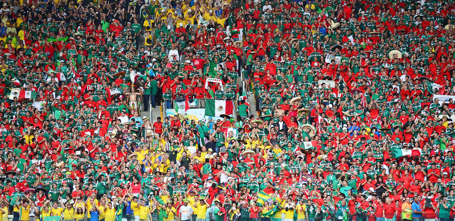 Mexican fans during the team's World Cup match against Brazil. Some fans taunted the opposing goalkeeper with a traditional cheer that ends by shouting a word widely regarded as a derogatory term used against gays. Photo: Getty Images
