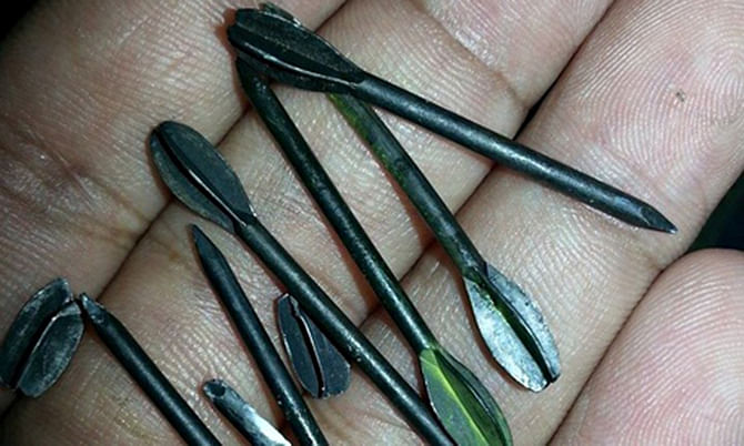 An image provided by the Palestinian Centre for Human Rights of darts from a flechette shell it says the Israeli military fired in Gaza last week. The photo is taken from theguardian.com.