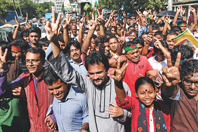 Star file phto shows a Gonojagoron Mancha faction marching from Shahbagh following the verdict Jamaat chief Motiur Rahman Nizami’s death penalty for war crimes.
