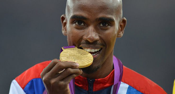 Mo Farah enjoying Olympic gold. This photo is taken from BBC Online