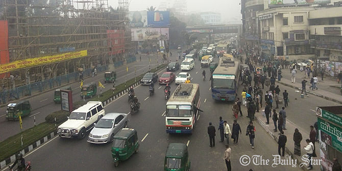 Farmgate intersection in Dhaka city during 20-party alliance sponsored daylong countrywide hartal (shutdown) on Monday morning, December 29, 2014. Photo: AM Jahid