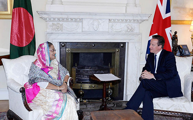 Prime Minister Sheikh Hasina meets her British counterpart David Cameron at the 10 Downing Street today. Photo: PID