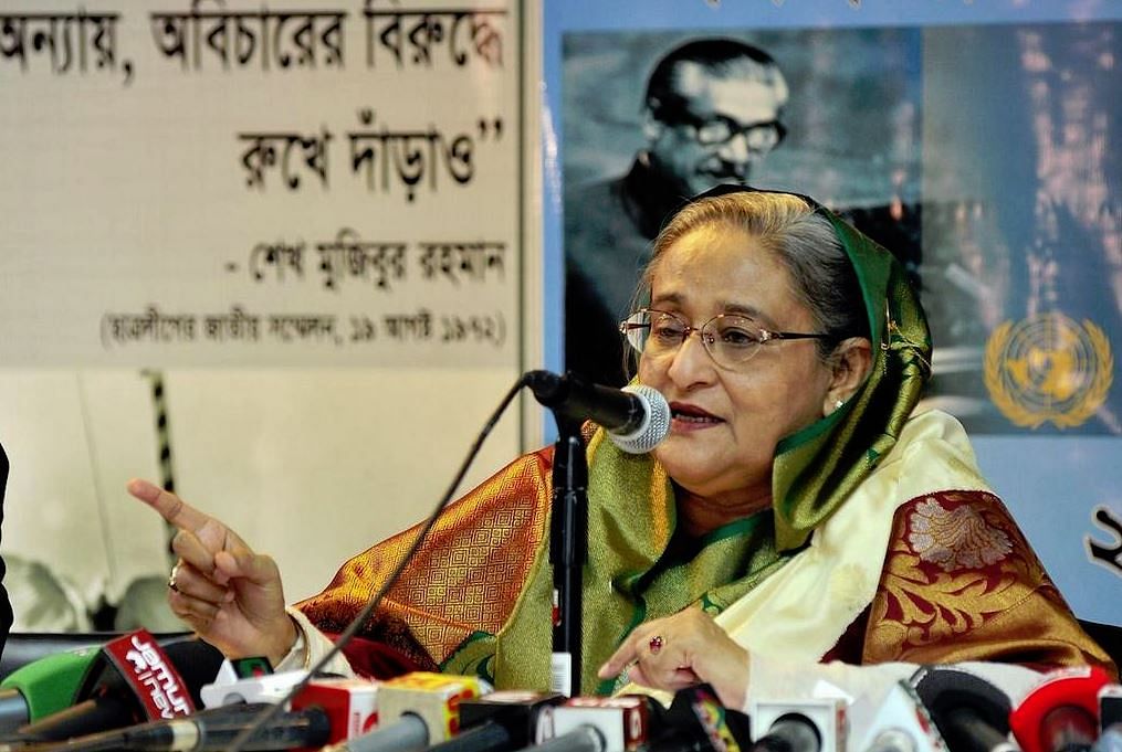 Prime Minister Sheikh Hasina addresses a press conference organised by Bangladesh Permanent Mission to the United Nations in New York on Friday. Photo taken from Twitter