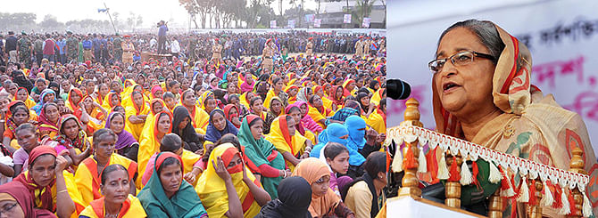 Prime Minister Sheikh Hasina addresses a rally at Habiganj New Field in Habiagnj on Saturday. Photo: PMO