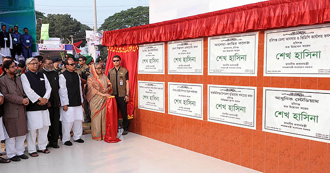 Prime Minister Sheikh Hasina inaugurates various development projects in Habiganj on Saturday. Photo: PMO