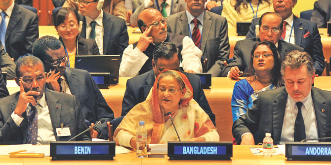 Prime Minister Sheikh Hasina speaking at a session on education at the UN headquarters in New York yesterday. Photo: BSS file