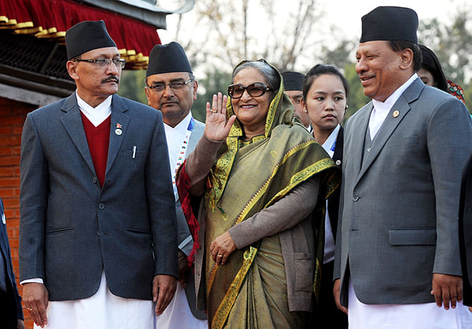 Prime Minister Sheikh Hasina gestures after landing Tribhuvan Airport in Kathmandu, Nepal. Photo: BSS