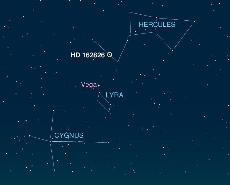Solar sibling HD 162826 is not visible to the unaided eye, but can be seen with low-power binoculars near the bright star Vega in the night sky. Photo: Courtesy