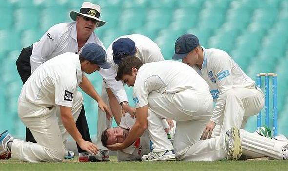 Philip Hughes unconscious after hit by a ball during a match. Photo: collected