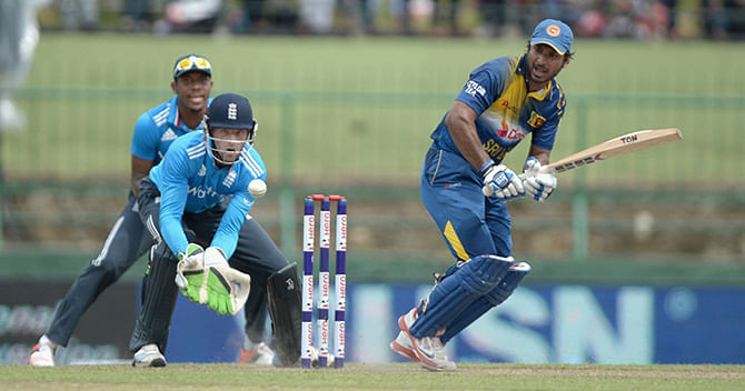 Veteran Kumar Sangakkara, playing his final match in Kandy, contributes a run-a-ball 112 to Sri Lanka's commanding total of 292 for seven. Photo: ecb.co.uk