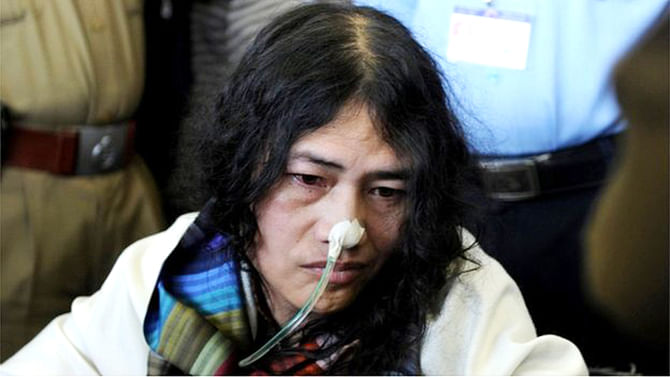 Irom Sharmila Chanu is being force-fed through a pipe in her nose. Photo: BBC 
