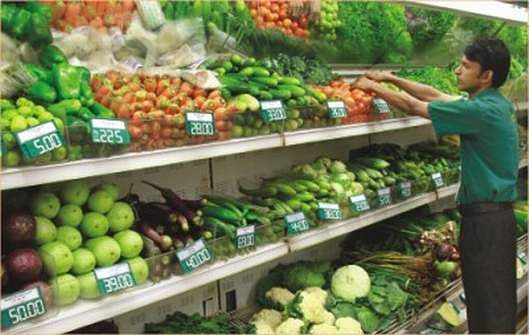 Vegetables are on display for sale at a chain superstore in Dhaka