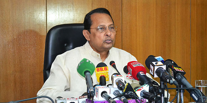 Information Minister Hasanul Haq Inu, addressing a press briefing at Secretariat today, says sorry over government failure to unearth the motive behind Sagar-Runi killing. Photo: STAR
