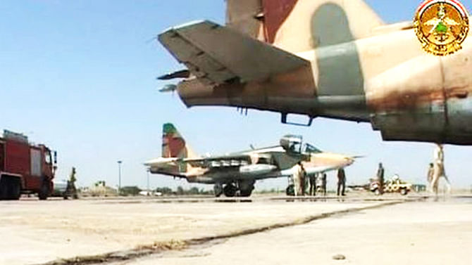 A video posted online appeared to show the fighter jets in Iraq. This photo is taken from BBC Online