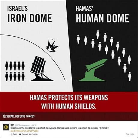 This graphic posted on the Israeli Defense Forces website, dated July 20, 2014, shows an artist's attempt to support Israeli government claims that Hamas is hiding behind their civilian population. Photo: AP/ IDF website