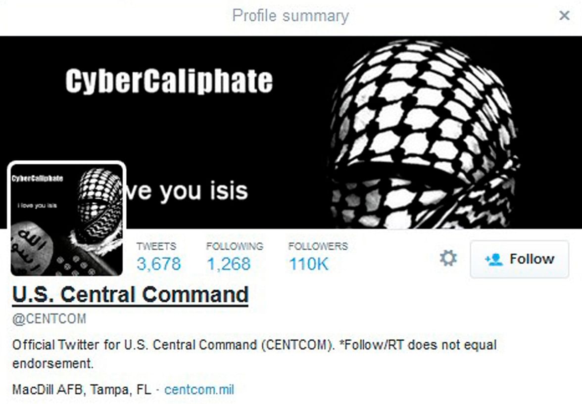 A computer screenshot shows the US Central Command Twitter feed after it was apparently hacked by people claiming to be Islamic State sympathizers January 12, 2015. Photo: Reuters