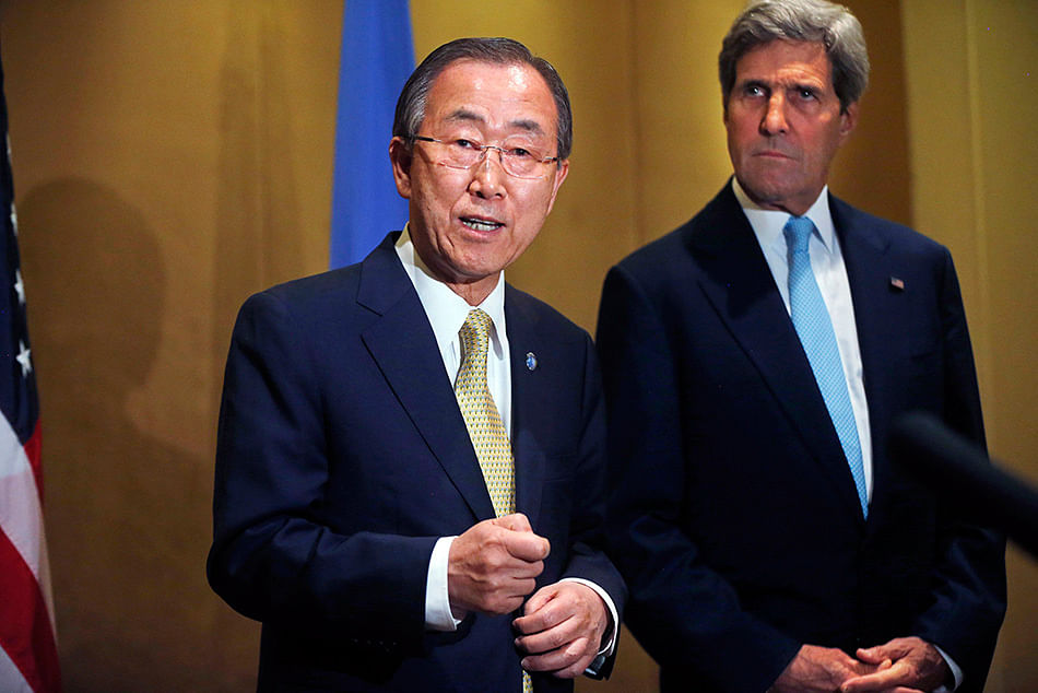 U.N. Secretary-General Ban Ki-moon (L) makes a statement regarding the violence in Gaza, before his meeting with U.S. Secretary of State John Kerry in Cairo, July 24. Photo: Reuters 