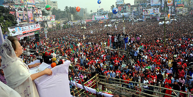 BNP Chairperson Khaleda Zia addresses a rally at Comilla Town Hall ground in Comilla on Saturday afternoon. Photo: TV grab