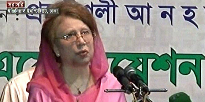 Khaleda speaks at a programme at Institute of the Engineers, Bangladesh.Photo: TV grab