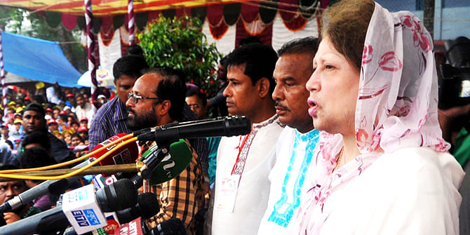 BNP Chairperson Khaleda Zia addresses a rally in Joypurgat. Photo: Star
