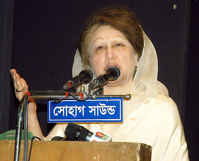 This Banglar Chokh photo taken on March 27 shows BNP Chairperson Khaleda Zia speaking at a programme in capital's Institution of Engineers.