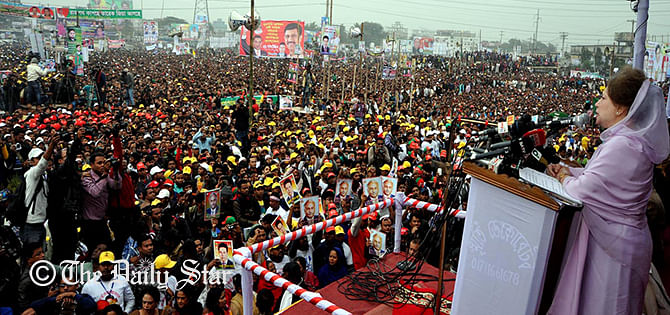 BNP Chairperson Khaleda Zia is addressing rally at Kanchpur Balur Math in Narayanganj Saturday afternoon. Photo: Star
