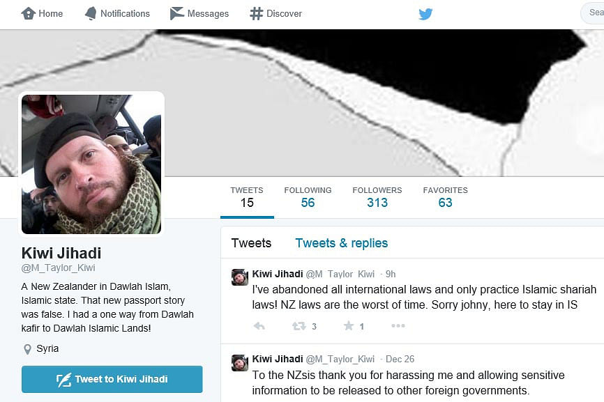 This screenshot shows Mark Taylor's twitter profile before it was suspended. Mark Taylor, also known as Kiwi Jihadi (@M_Taylor_Kiwi) via Twitter. 