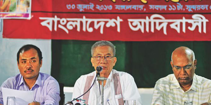 The July 30, 2013 Star photo shows Jyotirindria Bodhipriya Larma known as Santu Larma, chairman of Parbatya Chattagram Jana Sanghaty Samity (PCJSS), speaking at a press conference in the capital’s Sundarbans Hotel.