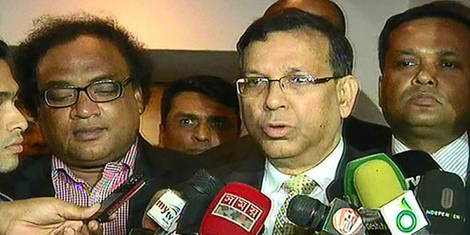 Law Minister Anisul Huq talks to media after attending a programme at a hotel in Dhaka Sunday. Photo: TV grab