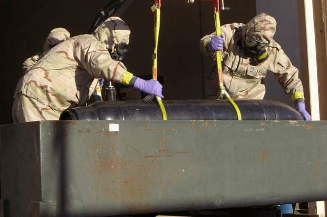 In an image from the Pentagon, a bomb was moved from a bunker in Libya to be later drained of its chemical agent. This photo was taken from The New York Times website. 