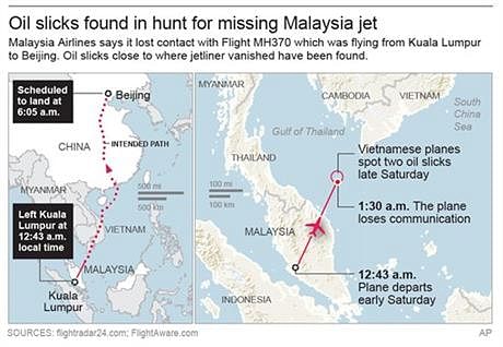 Map shows where missing plane departed, scheduled to land, the intended path and where it disappeared.; 3c x 3 inches; 146 mm x 76 mm. Photo: AP