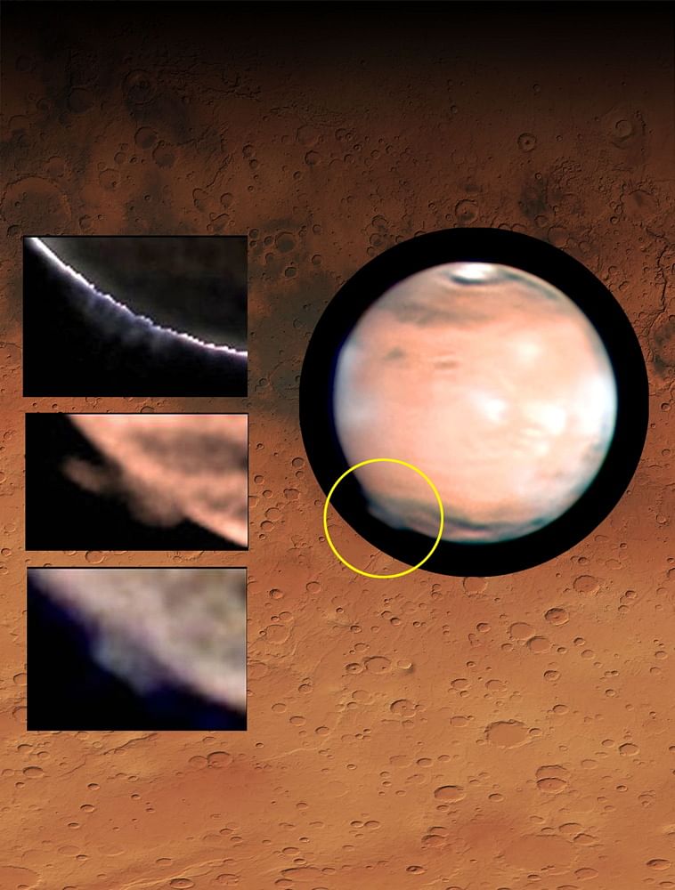 Scientists are puzzled by a mysterious plume that erupted off the surface of Mars in 2012. On the right, the location of the plume is identified in the yellow circle. On the left, close-up views of the changing plume morphology in images taken by W Jaeschke and D Parker on March 21, 2012. The background is a region on Mars known as Terra Cimmeria, where the plume formed. Photo taken from Space.com/ NOAA/ Grupo Ciencias Planetarias (GCP) - UPV/ EHU