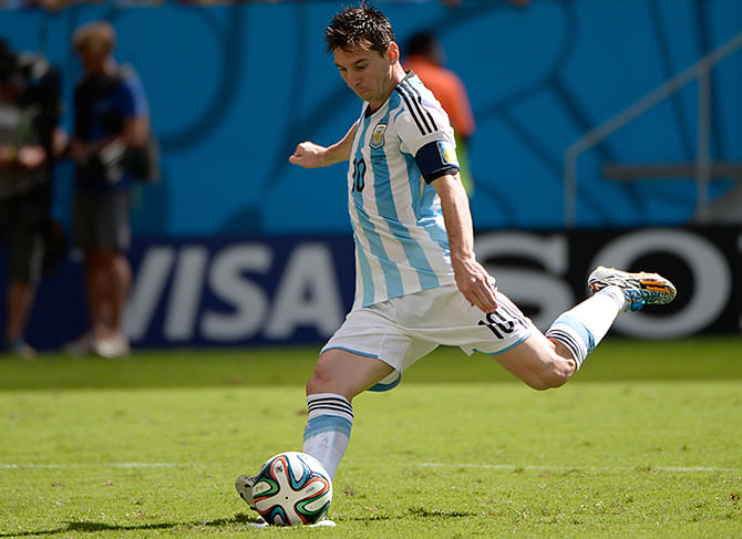 Lionel Messi in action for Argentina during the 2014 FIFA World Cup Brazil Quarter Final match between Argentina and Belgium at Estadio Nacional on July 5 in Brasilia, Brazil. Photo: Getty Images 
