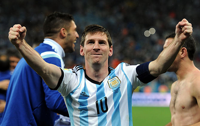 Lionel Messi of Argentina celebrates at full-time following the 2014 FIFA World Cup Brazil Semi Final match between Netherlands and Argentina at Arena de Sao Paulo on July 09, 2014 in Sao Paulo, Brazil. Photo: Getty Images