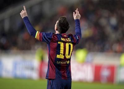Messi celebrates after scoring a goal against APOEL Nicosia during their Champions League Group F soccer match in Nicosia on Nov 25. Photo: Reuter