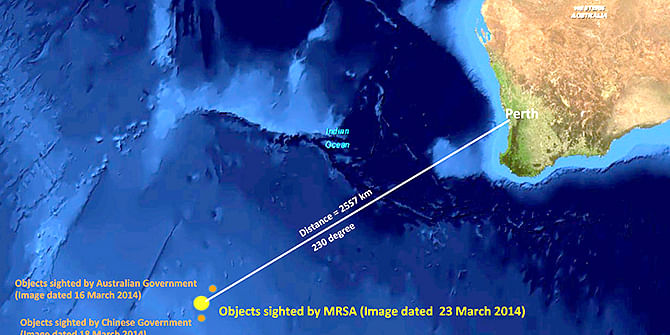 A satellite photo, showing the location of unknown objects reported by the Malaysian Remote Sensing Agency (MRSA) in the Indian Ocean, is seen in this handout photo taken by the MRSA on March 23, 2014 and released to Reuters today. New satellite images have revealed more than 100 objects in the southern Indian Ocean that could be debris from the Malaysia Airlines Flight MH370 missing for 18 days with 239 people on board, Malaysia's acting transport minister said on Wednesday.