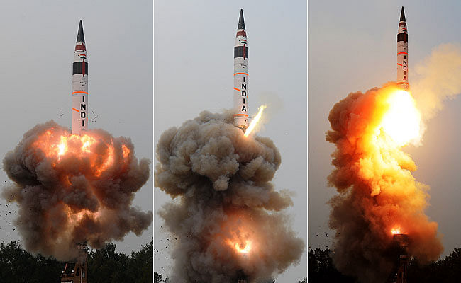 This combination picture shows Agni 5 being launched from a mobile canister on Saturday. Photo: NDTV