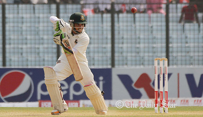 Mominul Haque works a ball away during Bangladesh's 2nd innings agianst Zimbabwe in the third Test at Chittagong on Saturday. Photo: Anurup Kanti Das