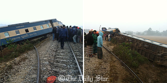 Law enforcers and locals gather by the derailed carriages of a train at Kulaura upazila in Moulvibazar on Thursday. Photo: Star