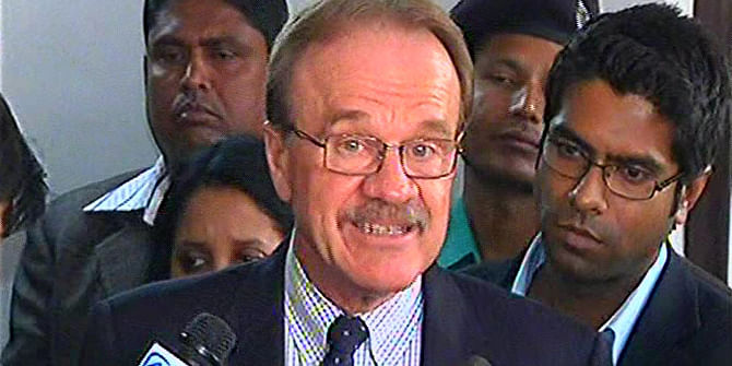 US Ambassador to Bangladesh Dan W Mozena talks to reporters after a meeting with Commerce Minister Tofail Ahmed at his ministry in the capital on Wednesday. TV grab