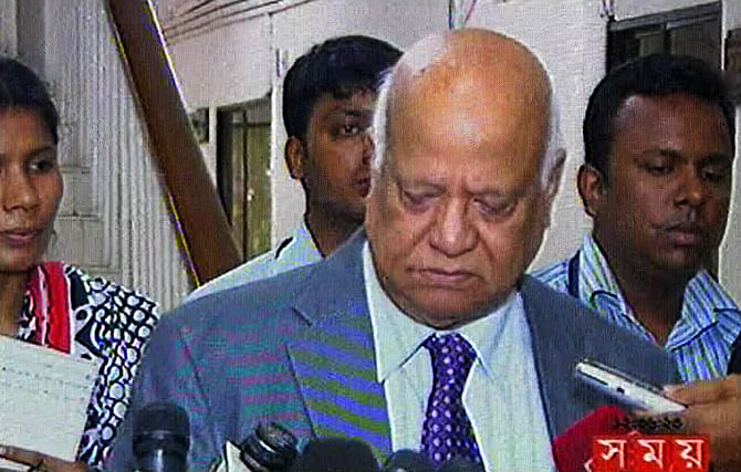 Finance Minister AMA Muhith expresses his disappointment on media reports about the issue of legalising black money in the budget while talking to reporters at the Economic Relations Division (ERD) office in the capital's Sher-e-Bangla Nagar on Tuesday. Photo: TV grab