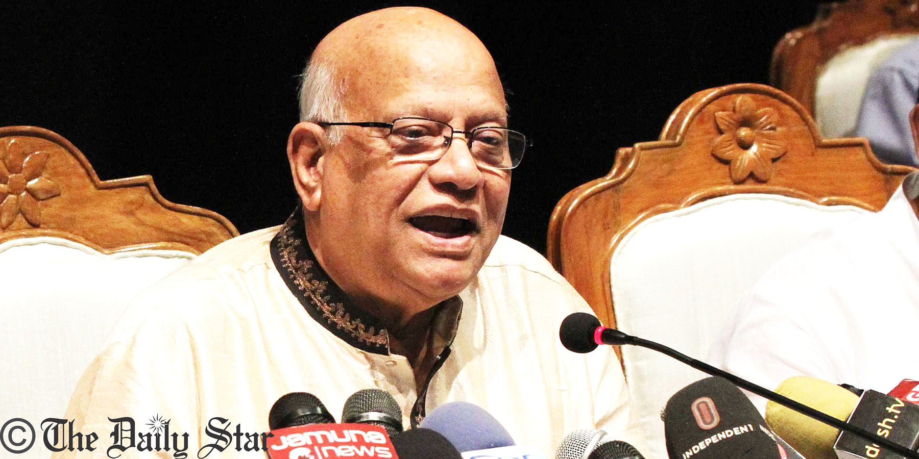 Finance Minister AMA Muhith speakes in a post-budget briefing in the Osmani Memorial Auditorium in the capital. Photo: Palash Khan