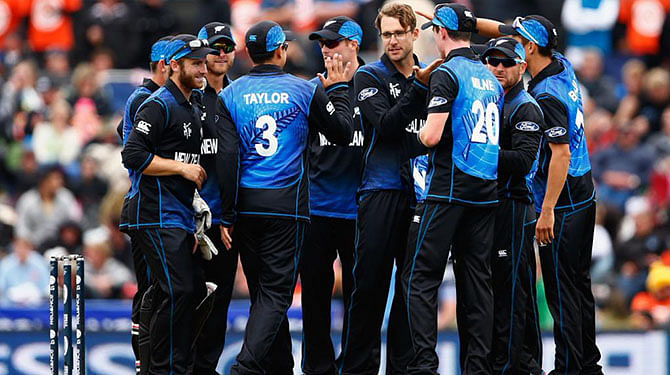 A moment from the New Zealand team's celebration during the World Cup 2015 opener match at Christchurch on February 14, 2015. Photo: ICC