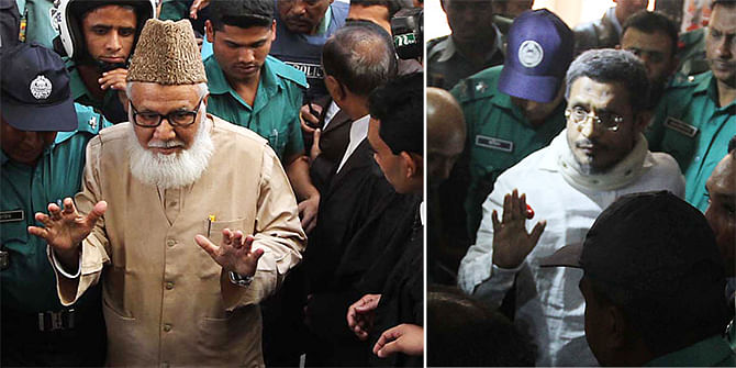 Law enforcers take former ministers Lutfozzaman Babar (R) and Motiur Rahman Nizami among the 11 accused in the sensational 10-truck arms haul cases to a Chittagong court Thursday morning. 14 people including NIzami, Babar and Ulfa leader Paresh are sentenced to death in the case filed under the Special Powers Act, 1974 for smuggling firearms.