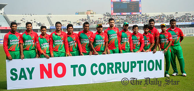Bangladesh players call for curbing corruption ahead of 5th ODI against Zimbabwe on Monday. Photo: Firoz Ahmed