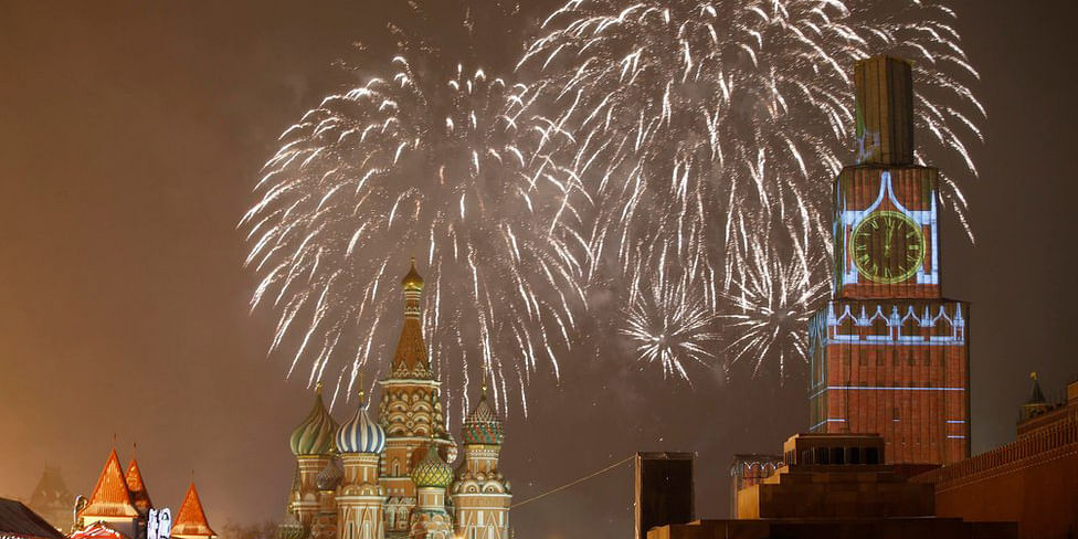 Moscow's skyline lit up as fireworks flared over the Kremlin and St Basil's Cathedral