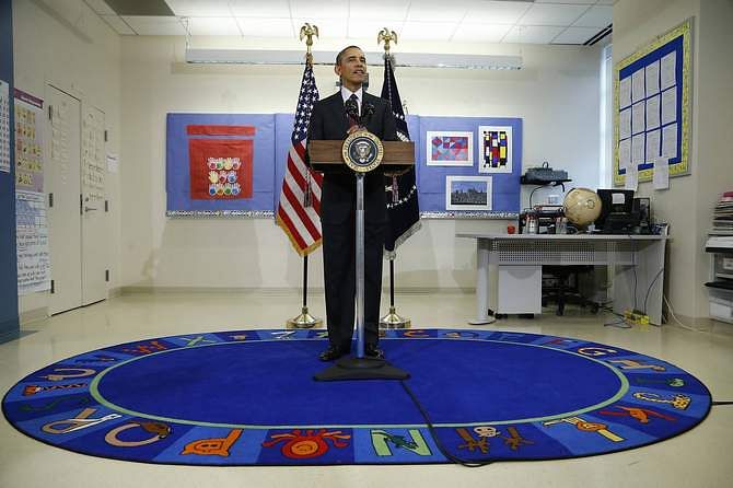US President Barack Obama makes remarks on the budget during a visit to Powell Elementary School in Washington Tuesday. Photo: Reuters