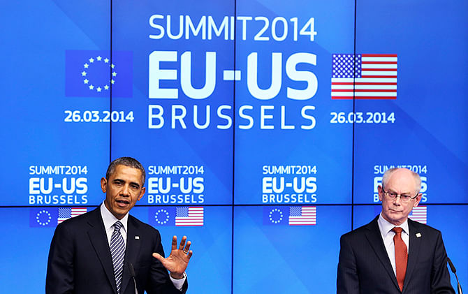 US President Barack Obama and European Council President Herman Van Rompuy address a joint news conference during a EU-US summit at the European Council in Brussels on Wednesday. Photo: Reuters