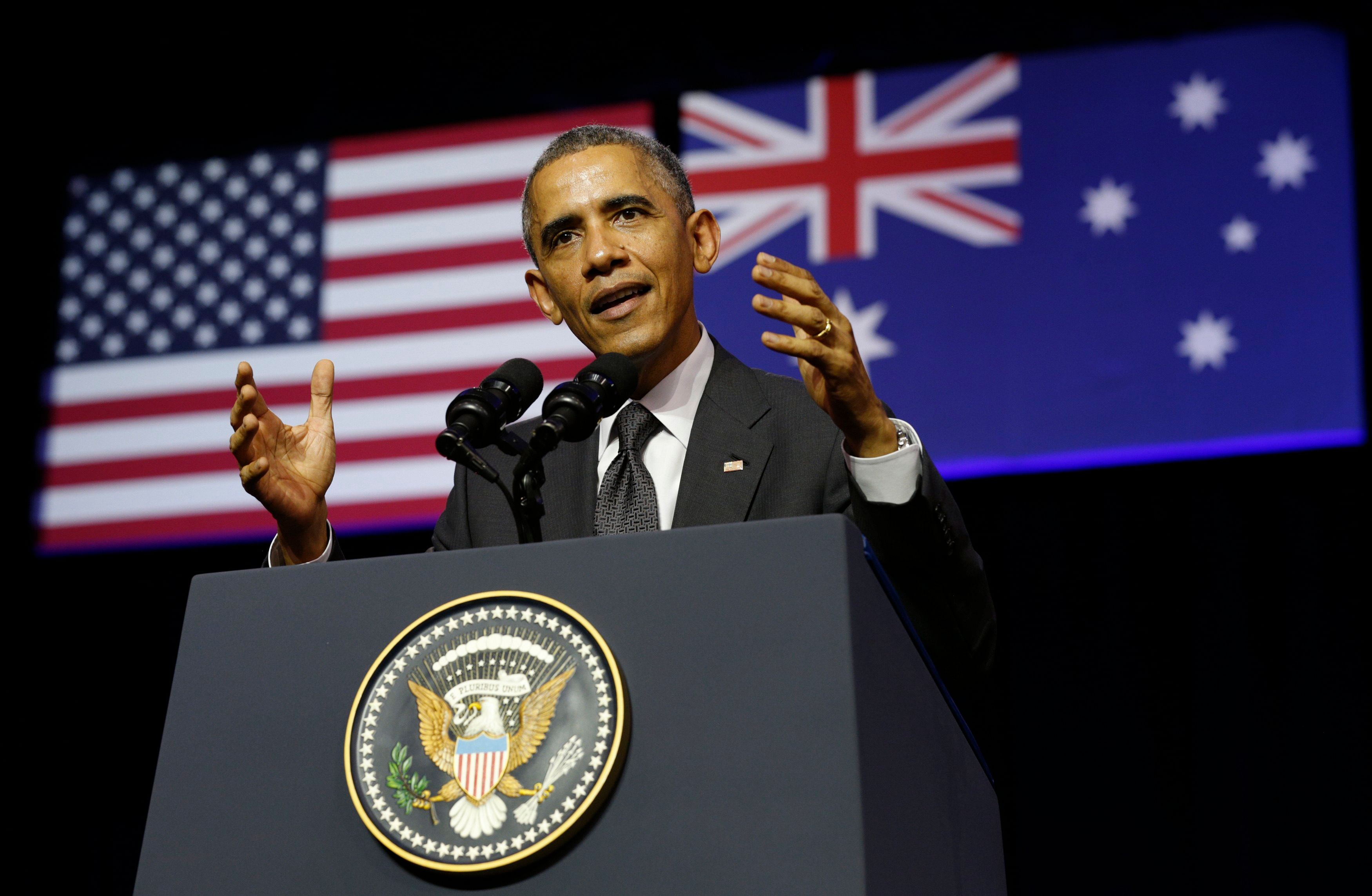 US President Barack Obama speaks at the University of Queensland in Brisbane November 15, 2014. Obama is in Brisbane for the G20 Summit being held here this weekend. Photo: Reuters