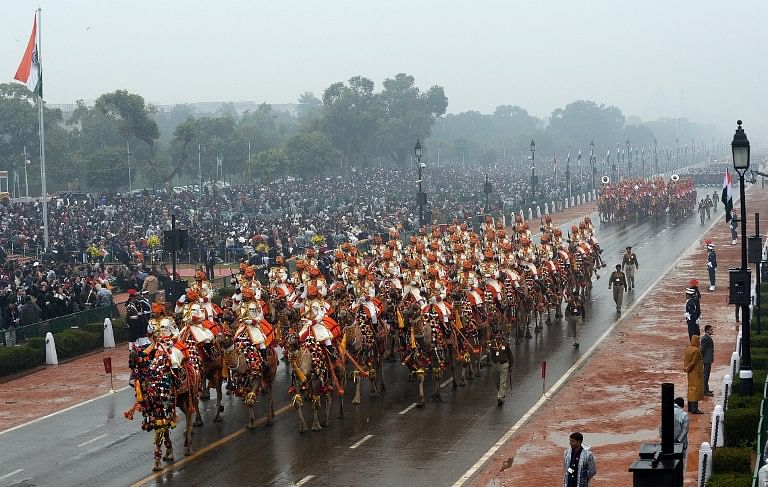 Indian soldiers march in formation down the ceremonial boulevard Rajpath during the Indian Republic Day parade in New Delhi on January 26, 2015. Photo: AFP